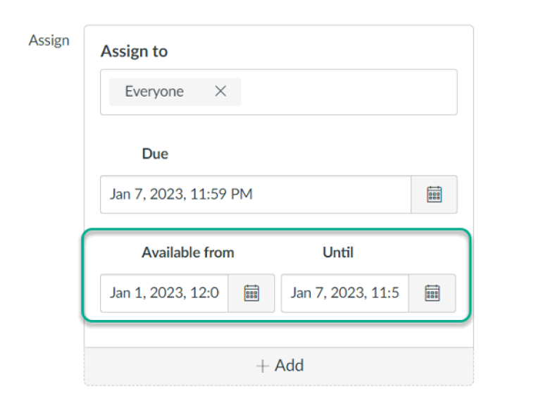 A screenshot of the "Available from" and "Until" fields in the settings for an assignment