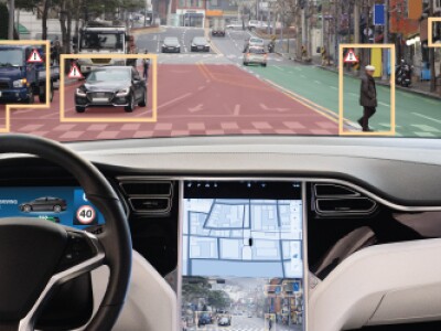 in a car with focus boxes on outside objects