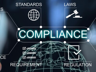 Diagram of the components of Compliance: Policies, Standards, Laws, Transparency, Governance, Requirement, Regulation and Rules