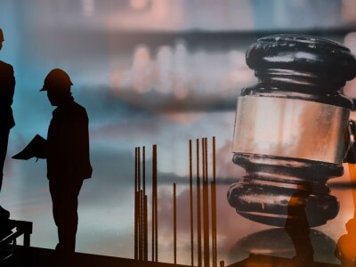 On the left side of the image, three construction workers silhouetted against a blue sky talk through a set of plans. On the right side of the image, a gavel is hitting a table.