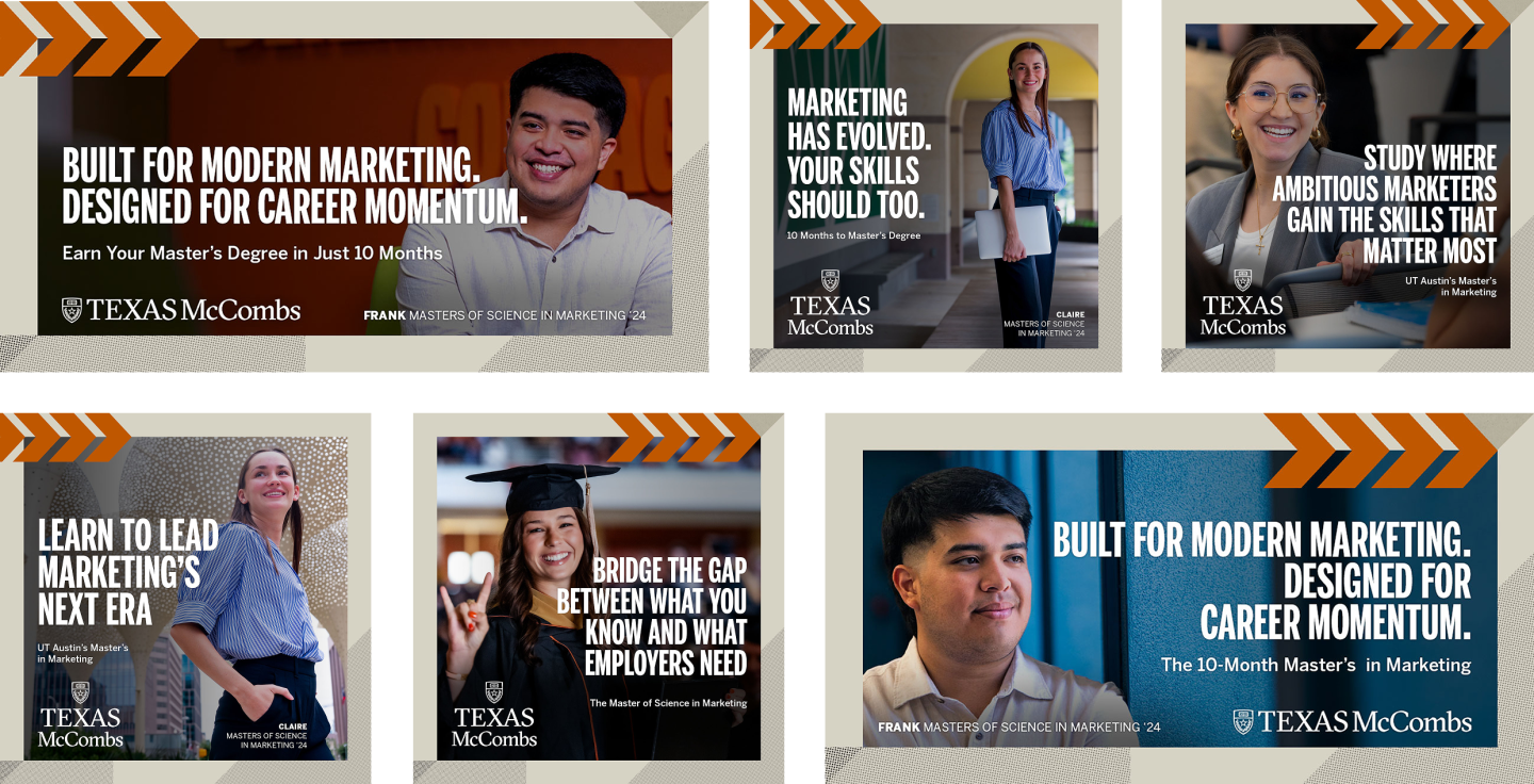 Collage of Texas McCombs MS in Marketing ads featuring students and headlines about career growth and a 10-month master’s program.