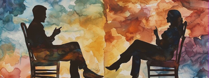 Silhouettes of a seated man and seated woman facing each other in conversation