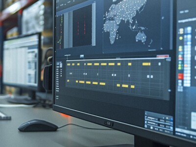 Logistics software on a monitor inside of a warehouse