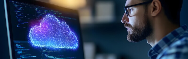 IT startup employee working on cloud computing project