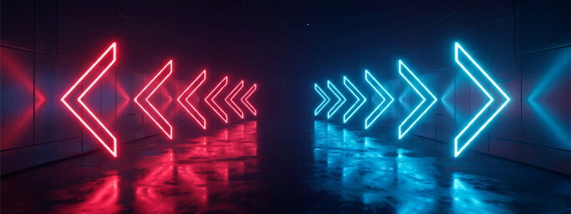 Abstract neon arrows glowing in red and blue light paths