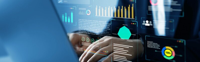 A businessman using KPI dashboard with AI technology.