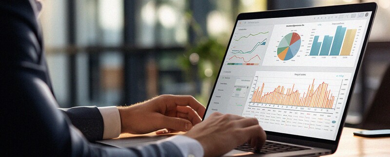 Businessman working on laptop with a data analytics tool