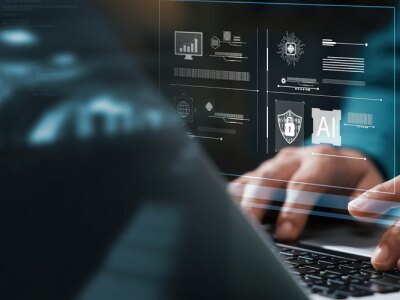 Man working on computer works on cybersecurity and privacy concept of data protection.