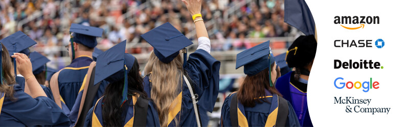 CSUMB graduates in regalia and Amazon, Chase, Deloitte, Google, and McKinsey and Company logos