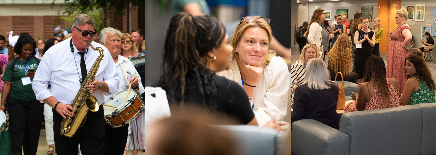 Triptych of a jazz parade, small-group discussion, and conference networking.