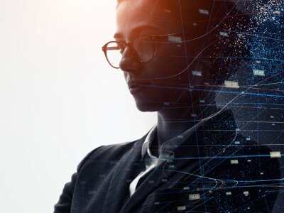 Tech worker career change woman with data visualization graphic