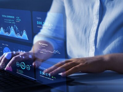 Business finance data analytics graph. Financial management technology. Advisor using KPI Dashboard on virtual screen.