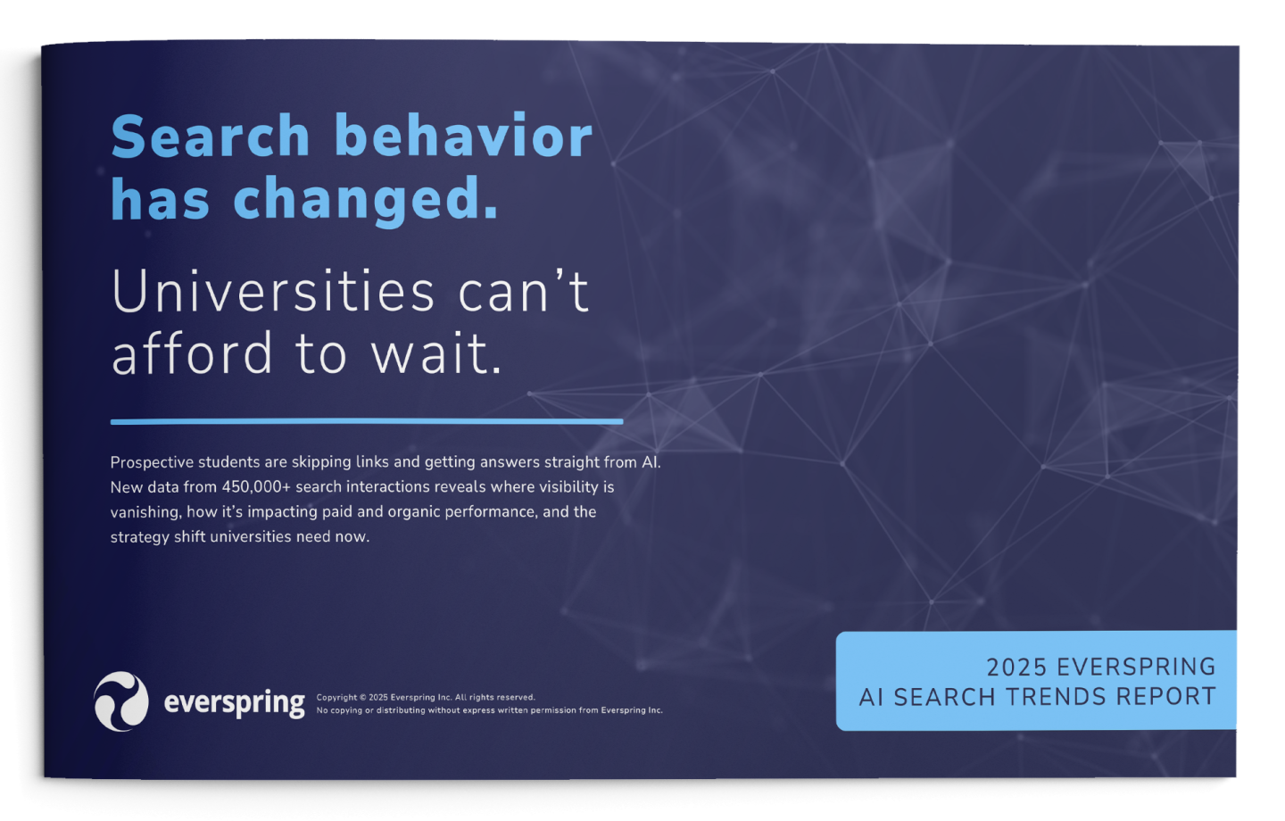 Cover of the 2025 Everspring AI Search Trends Report titled “The AI Cliff” on higher ed search visibility decline.
