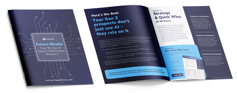A mockup of a booklet titled 'Future-Ready: Your 90-Day AI Search Optimization Blueprint' by Everspring Partners. The cover has a dark blue background with a subtle circuit board design. The open pages highlight AI search optimization strategies, emphasizing Gen Z's reliance on AI, and outline 'Phase 1: Strategy & Quick Wins (0-30 Days)' with sections on technical foundation, competitive research, and strategy development. There’s also a callout offering a free SEO scan with a 'Learn More' button.