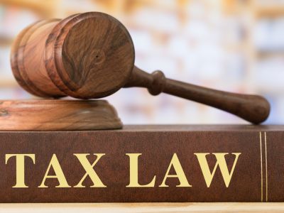 Image of gavel lying on top of a tax law book.