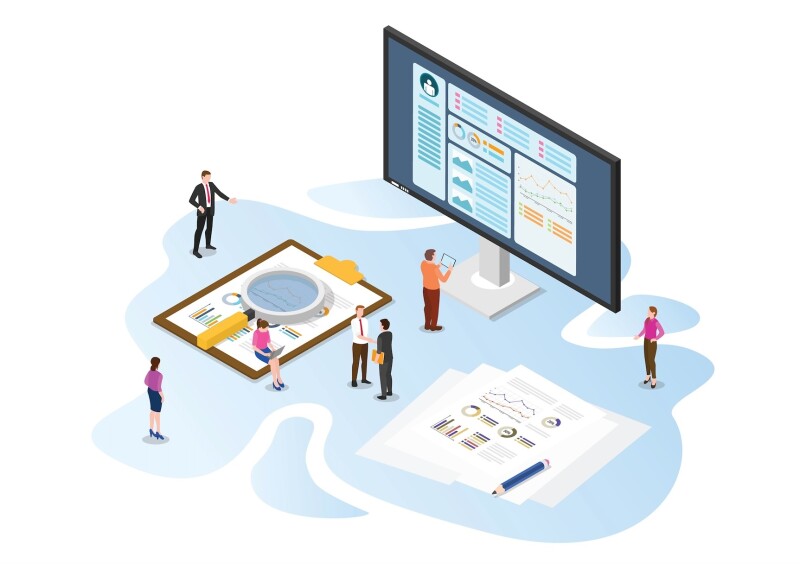 Group of people networking around giant computer monitor.