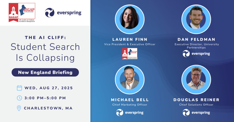 Event promo for “The AI Cliff: Student Search Is Collapsing” on Aug 27, 2025 in Charlestown, MA with four featured speakers