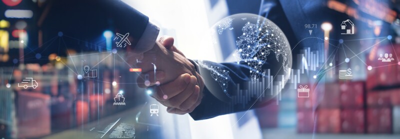 two men shaking hands with supply chain symbols surrounding them