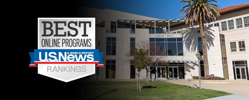 Lucas Hall with an overlay of the U.S. News & World Report Best Online Programs Rankings seal.