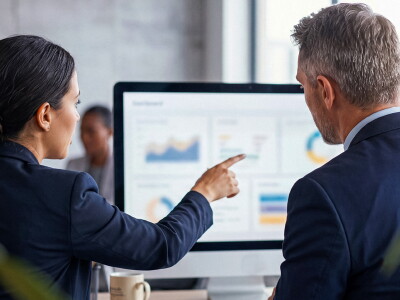 Two business analytics professionals, a woman and a man, sit in front of a computer with various charts displayed on the screen.