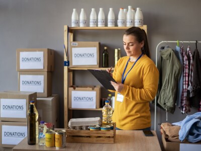 Female volunteer takes account of items for a nonprofit organization.