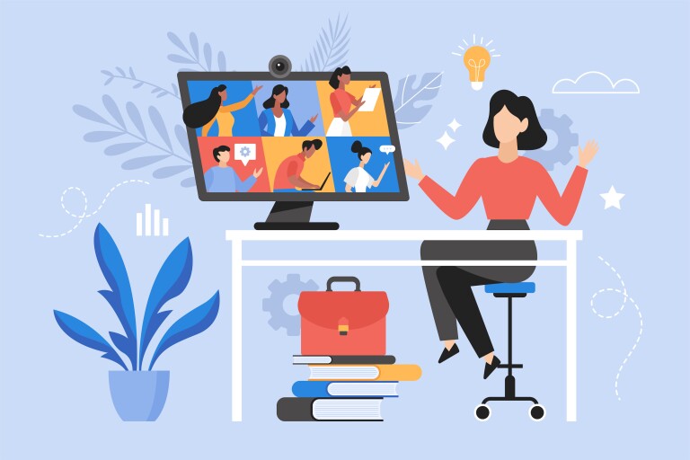 A person engaging with a group of students online