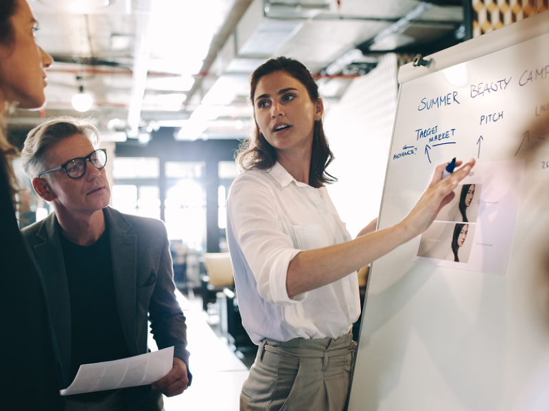 Woman at display board explaining contants to colleagues