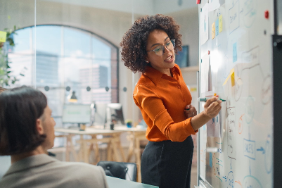 Women writing notes on a whiteboard