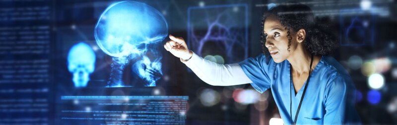 Female nurse using AI to view futuristic skull scan in brain cancer, injury or fracture analytics in night hospital planning.