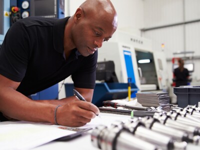 Engineer with lots of tools taking notes