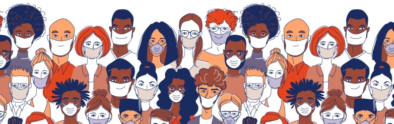 graphic drawing of crowd of people in masks warm toned colors