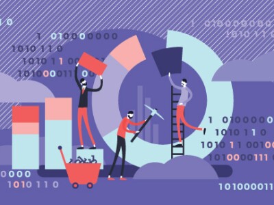 Multicolor graphic showing workers increasing stacks of ones and zeros, representing electronic data