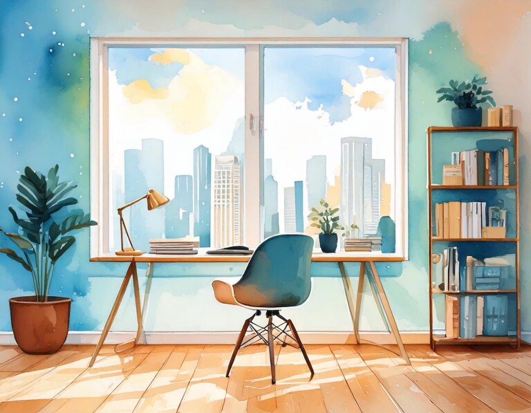 An office with a desk and a bookshelf.