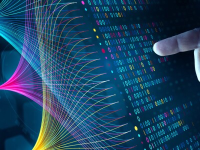 Concept of a human hand connecting with AI and machine learning.