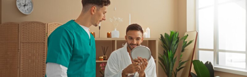 Man in robe smiling at mirror with male holistic nurse in green scrubs standing beside him in a wellness center.
