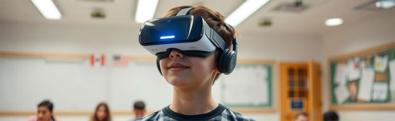 A school student wearing a VR headset is interacting with a blue holographic AI technology display