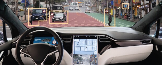 in a car with focus boxes on outside objects