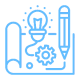 Icon of a blueprint with a lightbulb, gear, and pencil, representing innovation, engineering, and design.