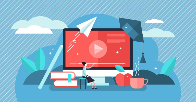 A person sitting in front of a computer screen displaying a video play button