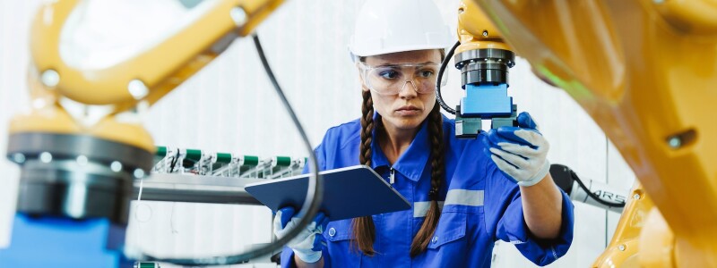 Female automation engineer inspects a robot control arm