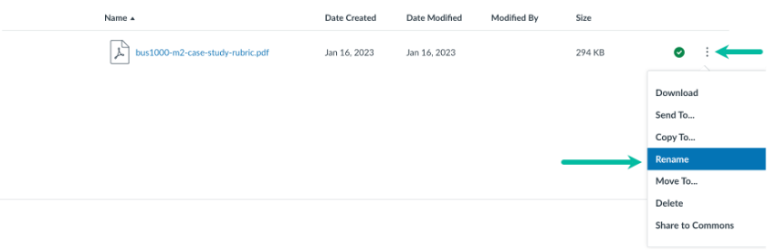 A screenshot of the Options menu icon (three vertical dots) and the options available for a file in Canvas. The "Rename" option is highlighted with an arrow.