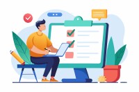 An instructor sitting in front of a computer screen displaying feedback