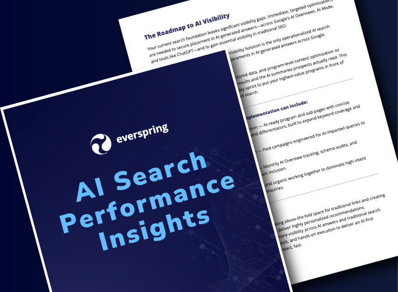 Everspring AI Search Performance Insights report cover with accompanying page titled ‘The Roadmap to AI Visibility.’