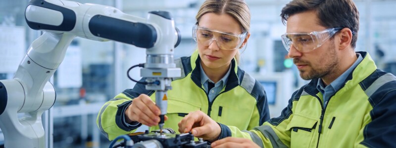 Two engineers working with a robotic arm