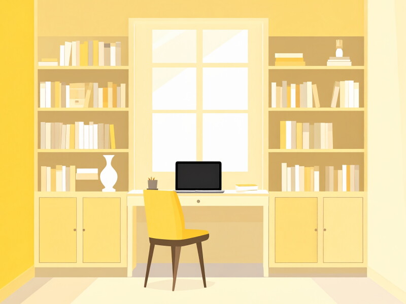 An office with a desk, computer, and bookshelves
