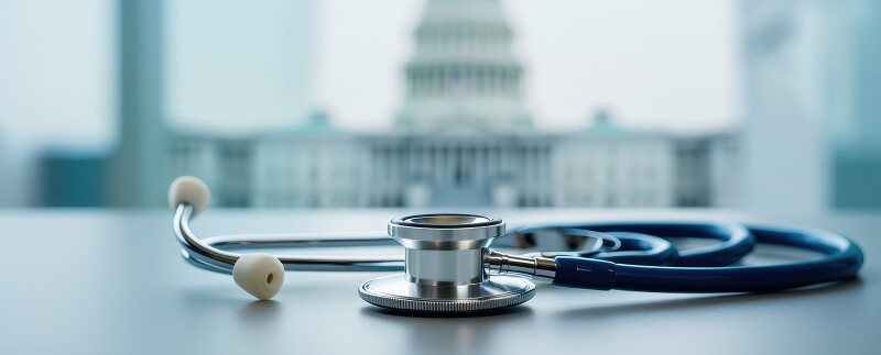 Stethoscope on desk with U.S. Capitol in background