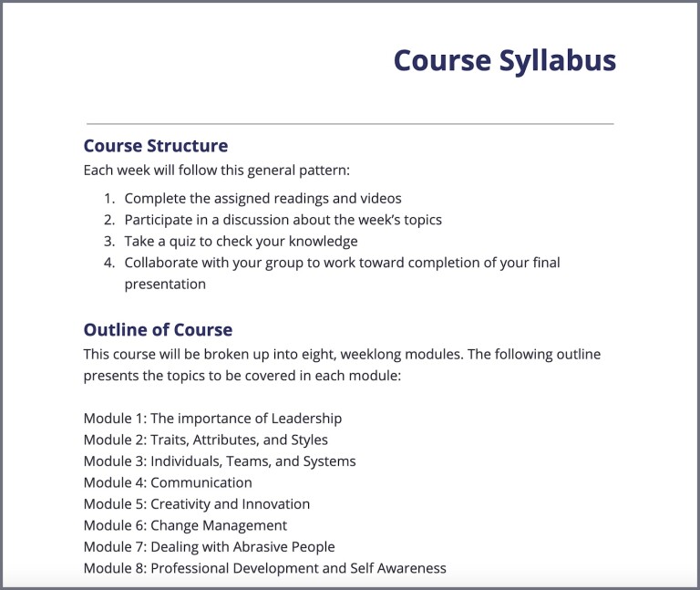 Example of syllabus structure.