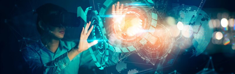 Abstract image of a medical student using a VR glasses and overlay with futuristic graphic hologram technology ideas concept.