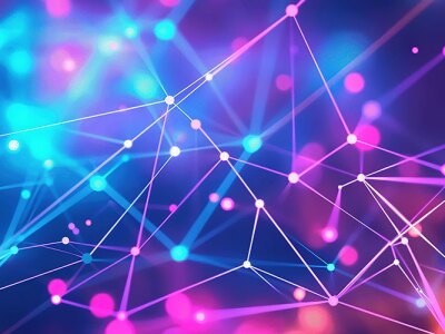Abstract visualization of neural networks with glowing connected nodes and lines in vibrant blue, pink, and orange colors.