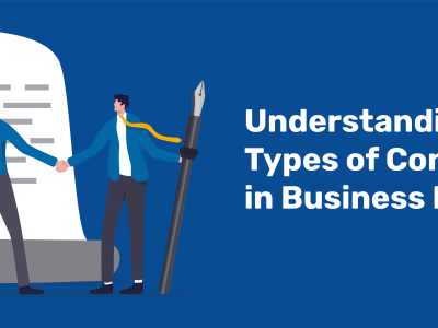 Animation of two men shaking hands in front of a large sheet of paper reading, "contract."